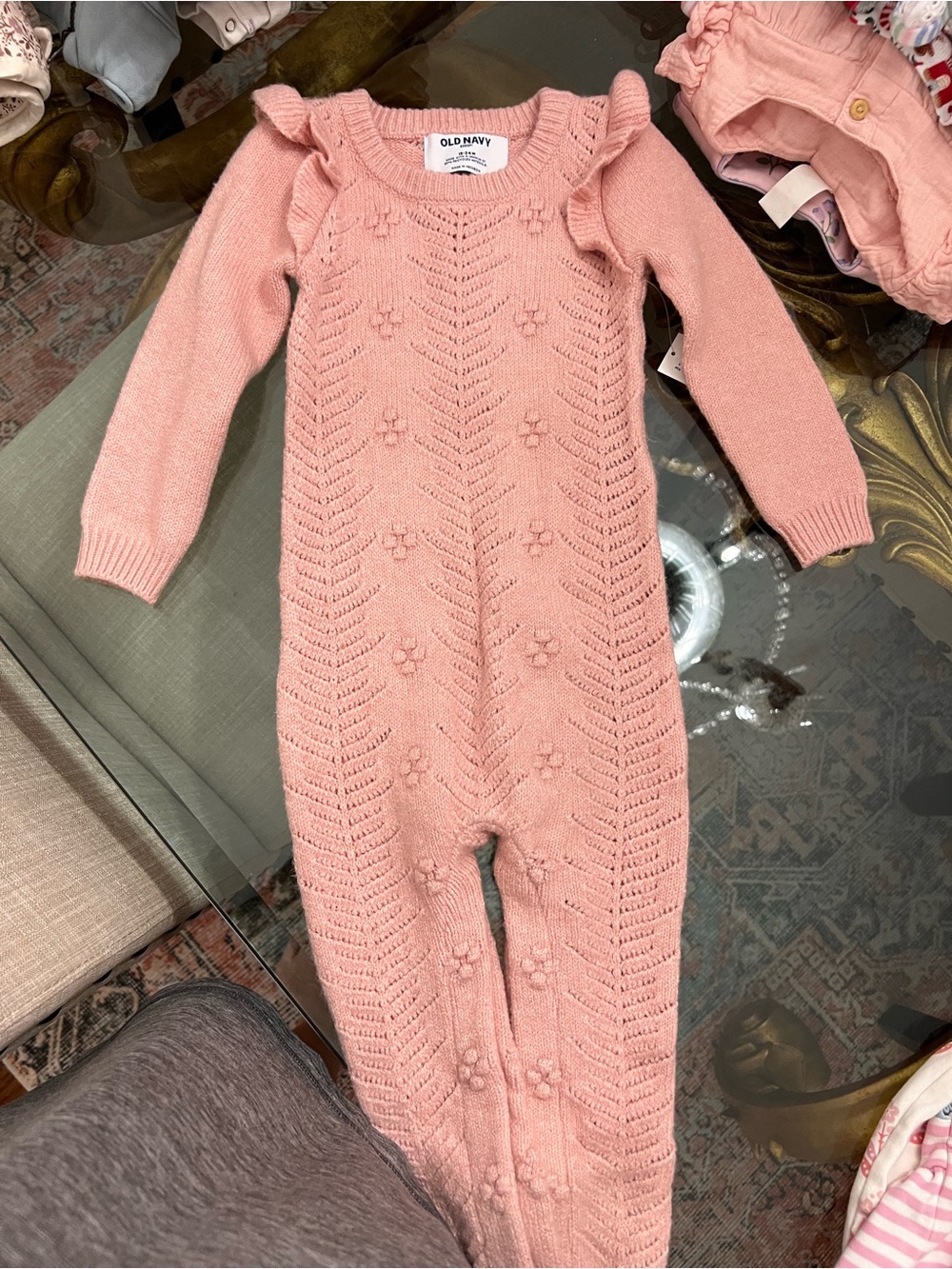 Old Navy Peach Knit Ruffle-Shoulder One-Piece Footie